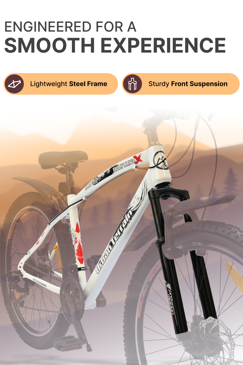 Bolt Ultra Mountain Bike Steel 21 Speed Cycle 27.5 inch Tyre, White With Front Suspension, Double Wall Rim and Dual Disc Brakes, Ideal For 5.2 ft to 6 ft