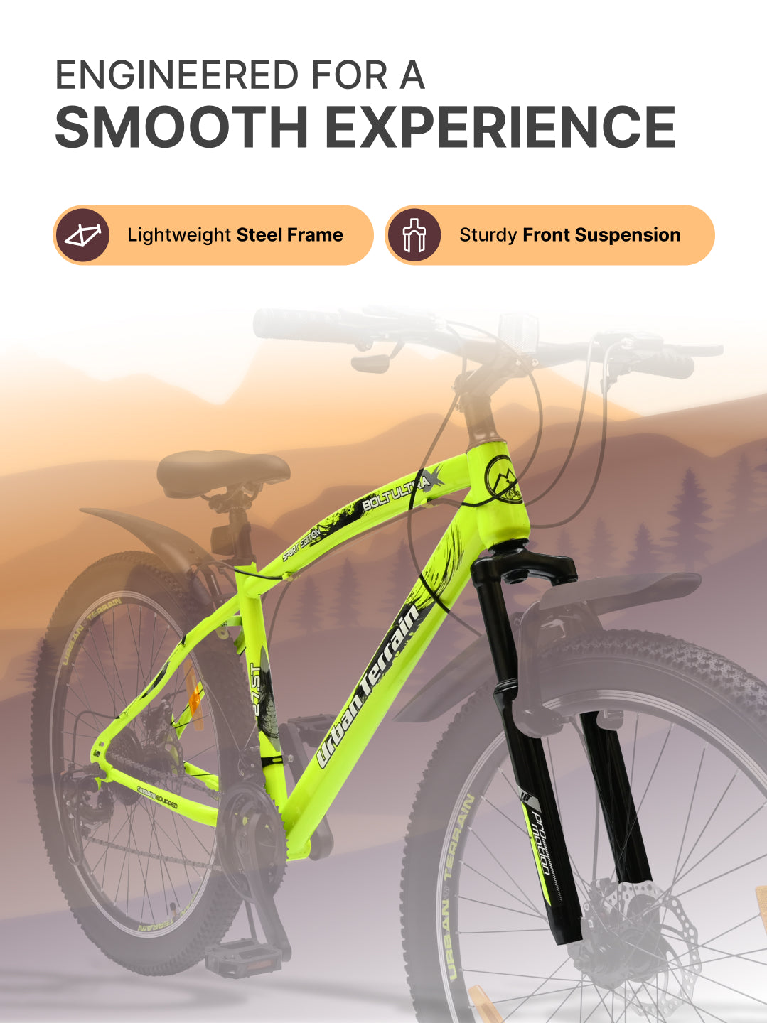 Bolt Ultra Mountain Bike Steel 21 Speed Cycle 27.5 inch Tyre, Green With Front Suspension, Double Wall Rim and Dual Disc Brakes, Ideal For 5.2 ft to 6 ft