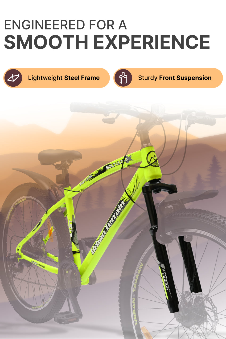Bolt Ultra Mountain Bike Steel 21 Speed Cycle 27.5 inch Tyre, Green With Front Suspension, Double Wall Rim and Dual Disc Brakes, Ideal For 5.2 ft to 6 ft