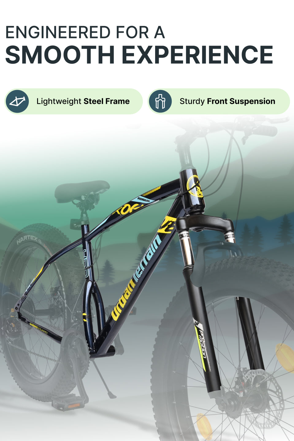 Rogue Mountain Bike Steel 21 Speed Cycle 26 inch Fat Tyre, Blue With Front Suspension, Single Wall Rim and Dual Disc Brakes, Ideal For 5 ft to 5.7 ft