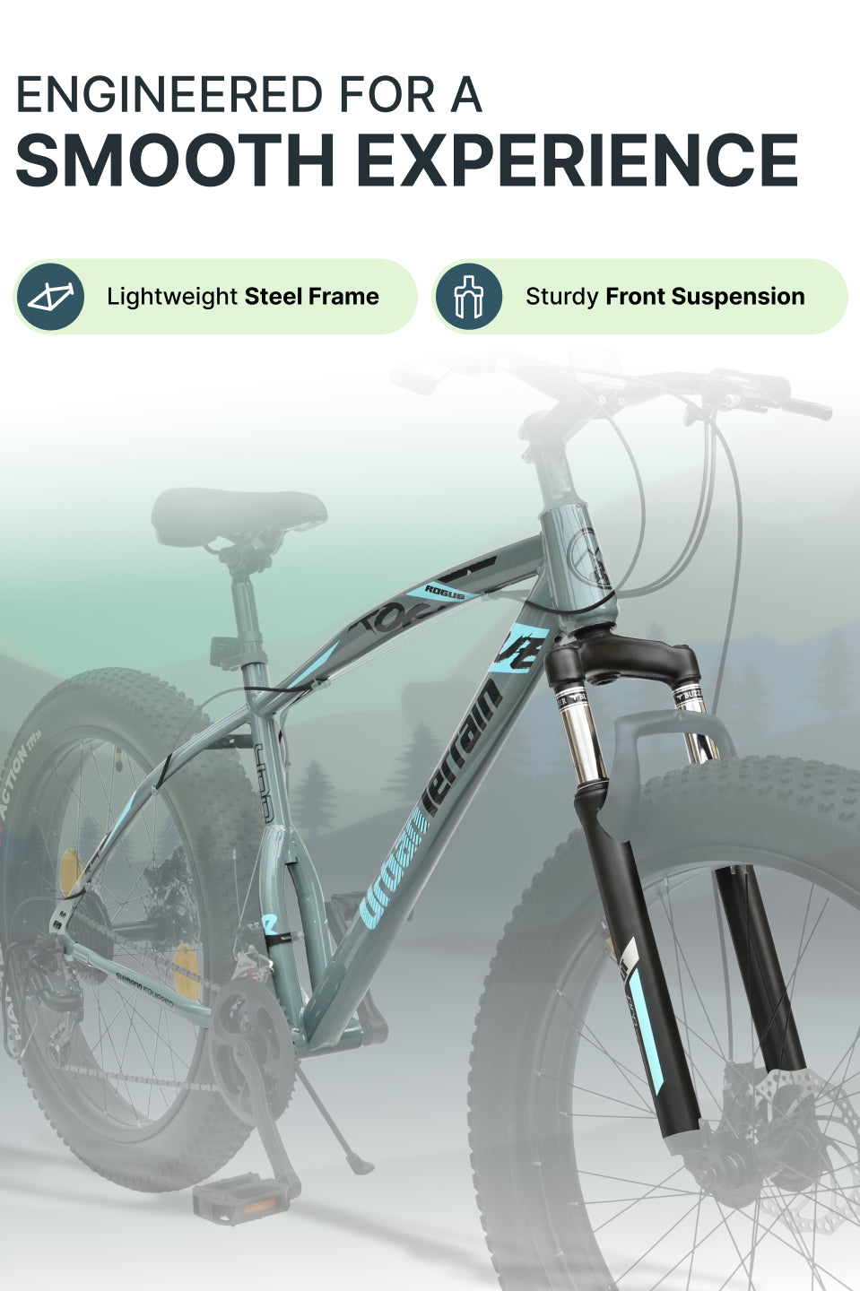 Rogue Mountain Bike Steel 21 Speed Cycle 26 inch Fat Tyre, Grey With Front Suspension, Single Wall Rim and Dual Disc Brakes, Ideal For 5 ft to 5.7 ft