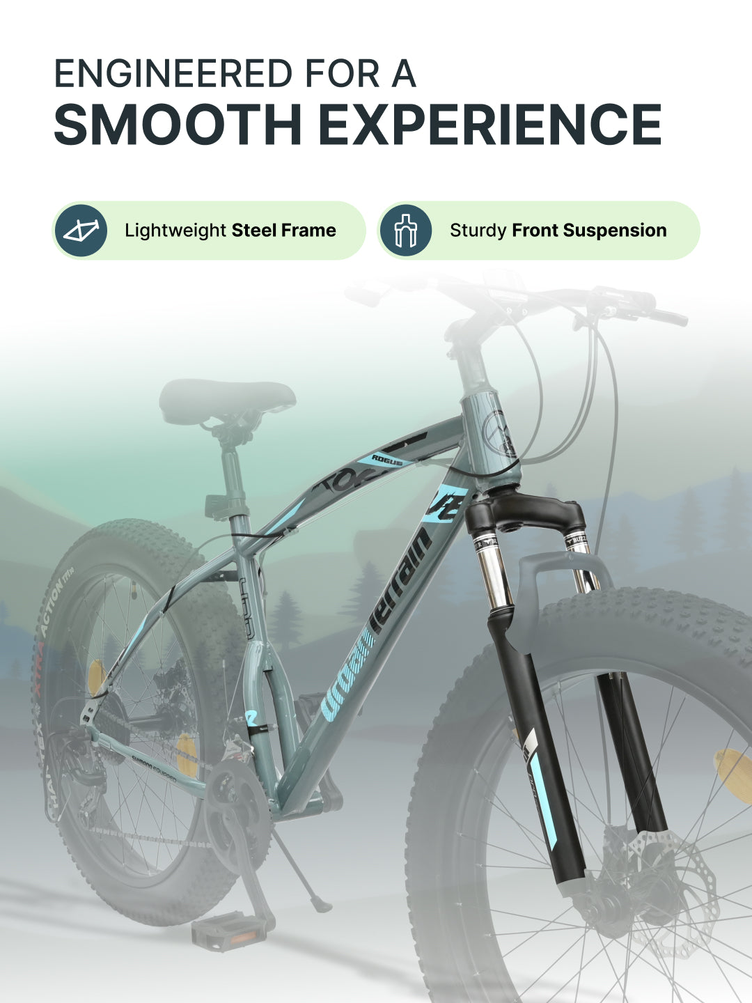 Rogue Mountain Bike Steel 21 Speed Cycle 26 inch Fat Tyre, Grey With Front Suspension, Single Wall Rim and Dual Disc Brakes, Ideal For 5 ft to 5.7 ft