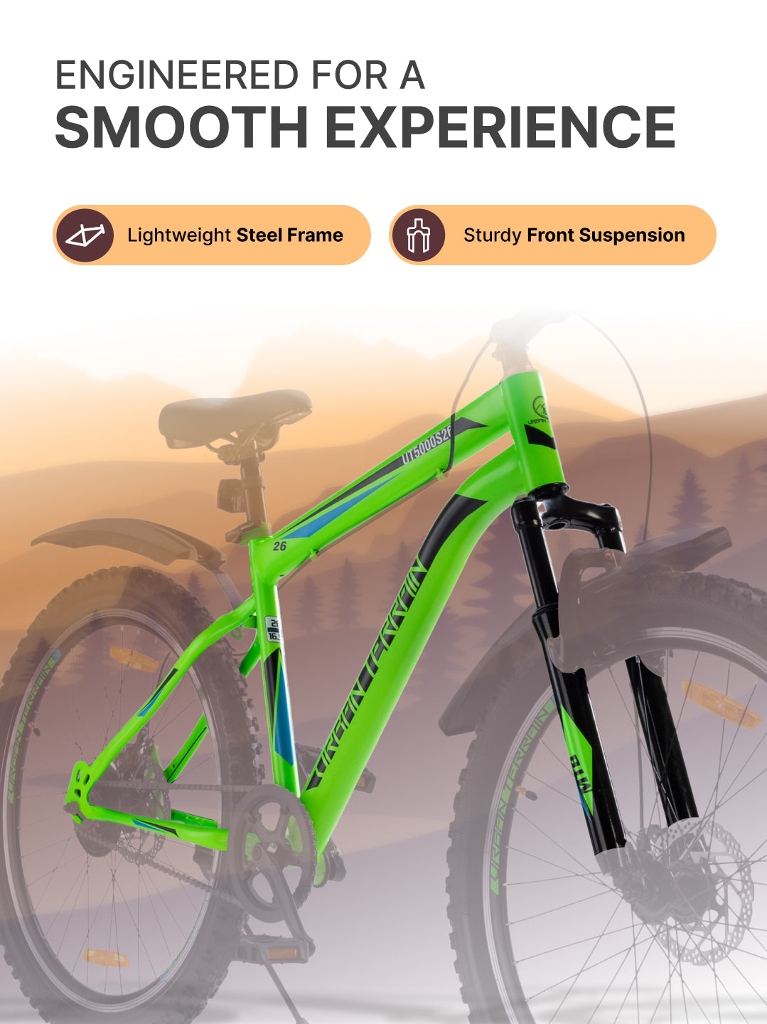 UT5000S26 Mountain Bike Steel Single Speed Cycle 26 Inch Tyre, Dual Disc Brake, Front Suspension, Double Wall Alloy Rim, Green