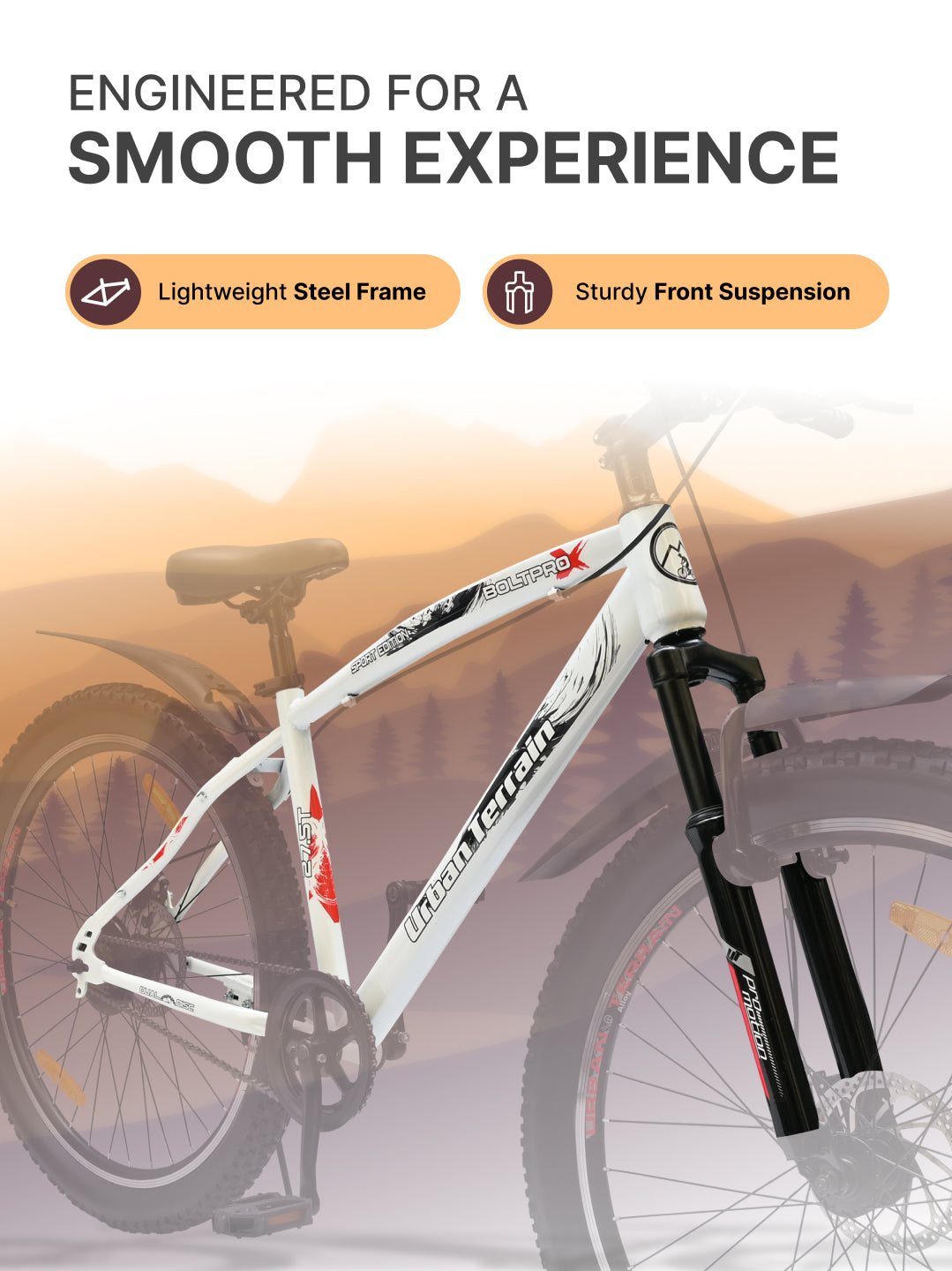 Bolt Pro Mountain Bike Steel Single Speed 27.5 inch Tyre with Dual Disc Brakes, Front Suspension, Double Wall Alloy Rim, White