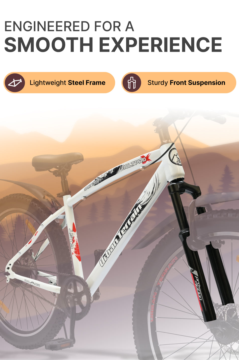 Bolt Pro Mountain Bike Steel Single Speed 27.5 inch Tyre with Dual Disc Brakes, Front Suspension, Double Wall Alloy Rim, White