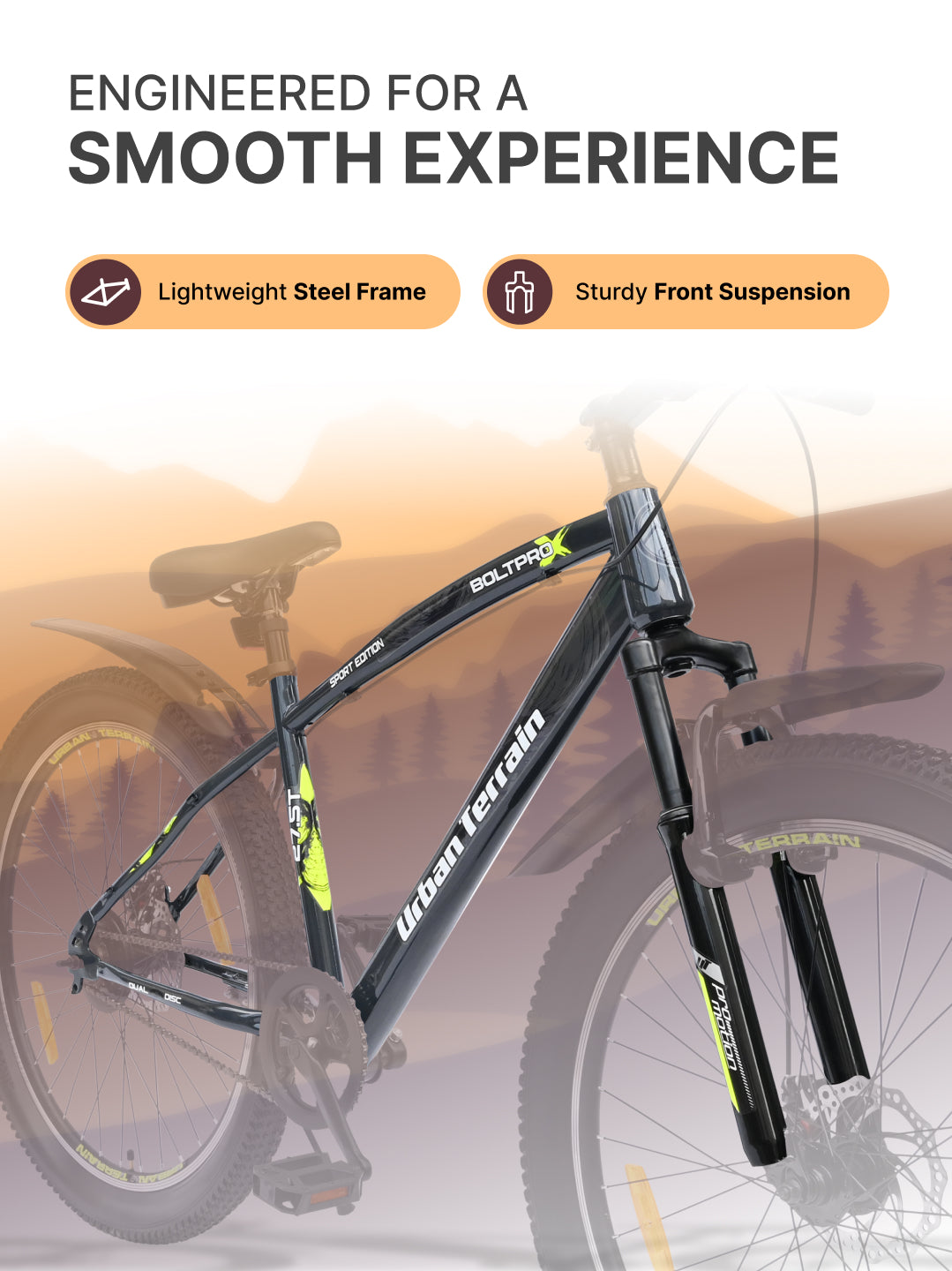 Bolt Pro Mountain Bike Steel Single Speed 27.5 inch Tyre with Dual Disc Brakes, Front Suspension, Double Wall Alloy Rim, Grey