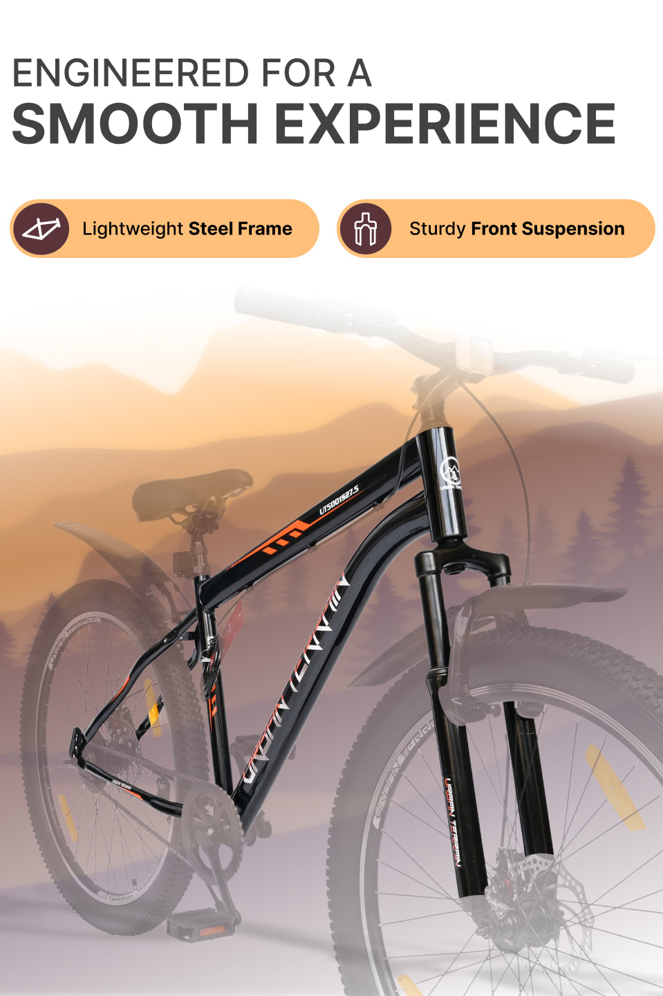 UT5001S27ACC Mountain Cycle Steel Single Speed 27.5 inch with Dual Disc Brakes, Front Suspension, Double Wall Alloy Rim, Bell & Lock, Black