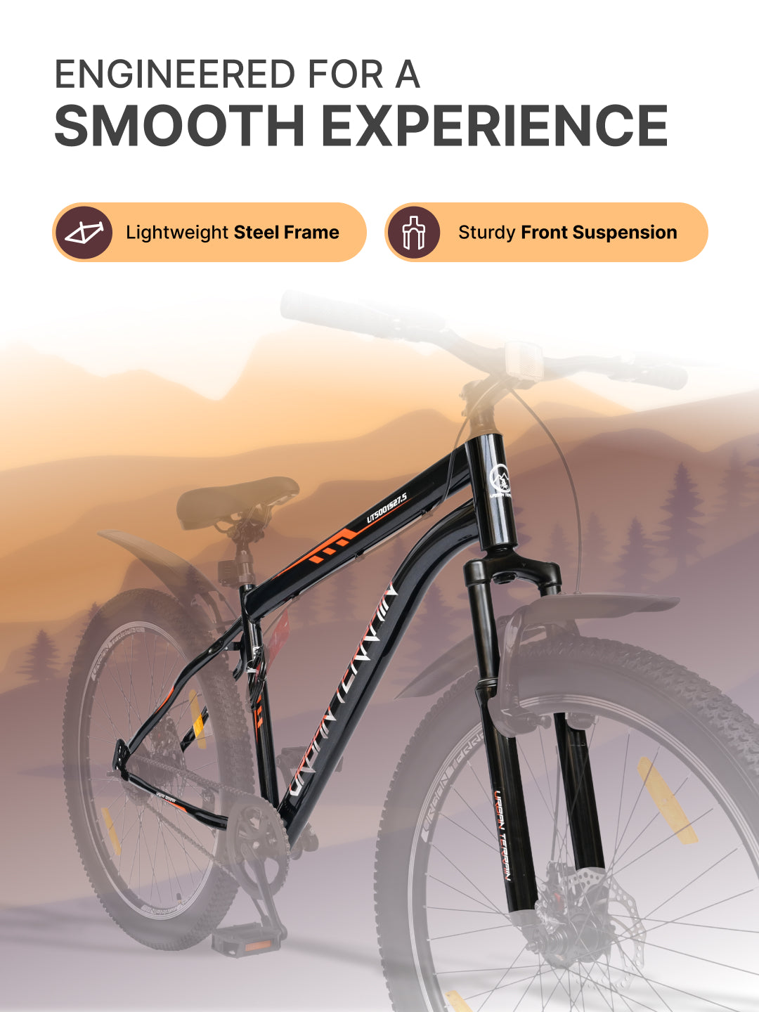 UT5001S27ACC Mountain Cycle Steel Single Speed 27.5 inch with Dual Disc Brakes, Front Suspension, Double Wall Alloy Rim, Bell & Lock, Black