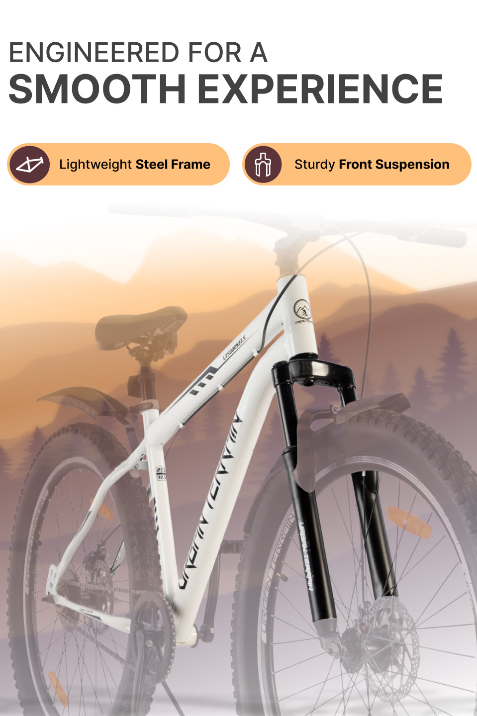 UT5000S27.5 Mountain Cycle Steel Single Speed Cycle 27.5 inch, Dual Disc Brakes, Front Suspension, Double Wall Alloy Rim, White