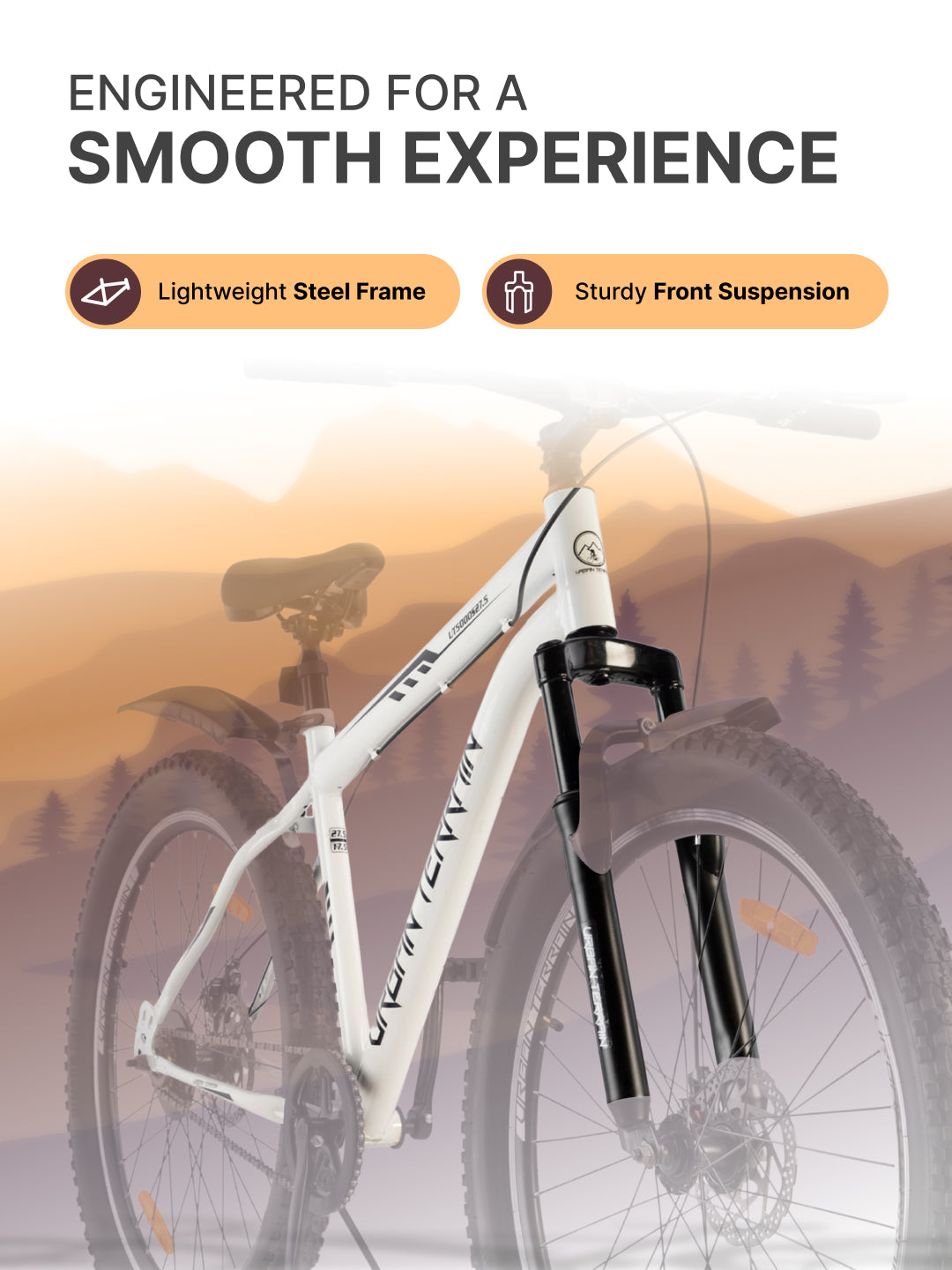 UT5000S27.5 Mountain Cycle Steel Single Speed Cycle 27.5 inch, Dual Disc Brakes, Front Suspension, Double Wall Alloy Rim, White