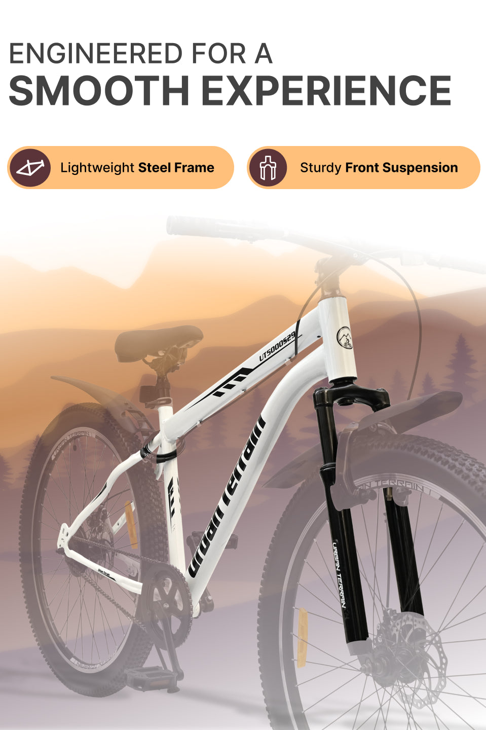 UT5000S29ACC Mountain Cycle Steel Single Speed 29 inch with Dual Disc Brakes, Front Suspension, Double Wall Alloy Rim, Bell & Lock, White