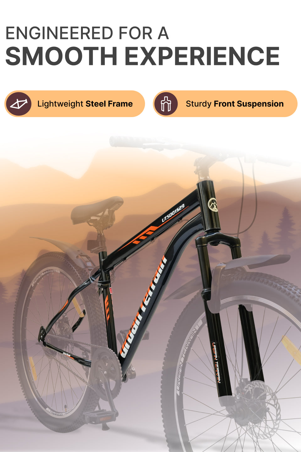 UT5001S29ACC Mountain Cycle Steel Single Speed 29 inch with Dual Disc Brakes, Front Suspension, Double Wall Alloy Rim, Bell & Lock, Black