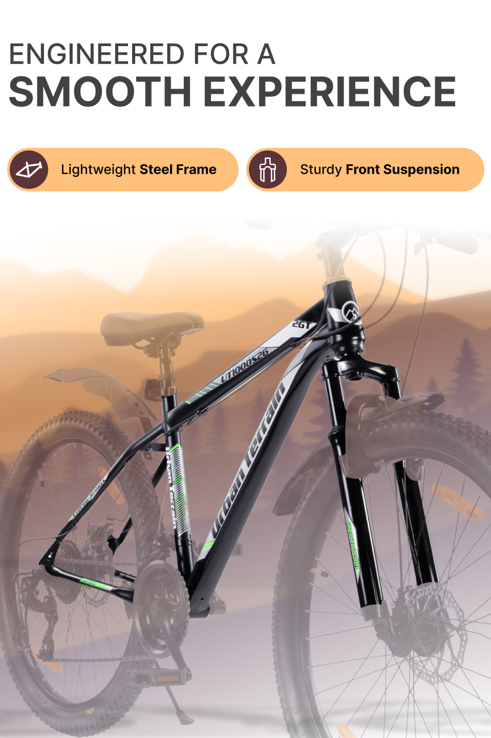 UT1000S26 Mountain Bike Steel 21 Speed Cycle Shimano Gear 26 inch, Grey With Front Suspension, Single Wall Rim and Dual Disc Brakes Ideal For 5 ft to 5.7 ft