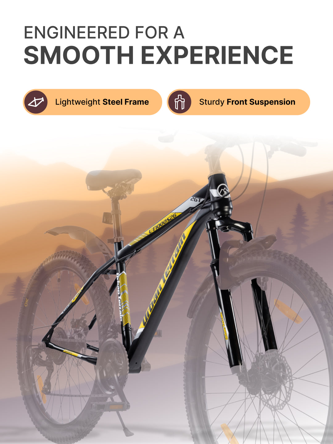 UT1000S26 Mountain Bike Steel 21 Speed Cycle Shimano Gear 26 inch, Yellow With Front Suspension, Single Wall Rim and Dual Disc Brakes Ideal For 5 ft to 5.7 ft