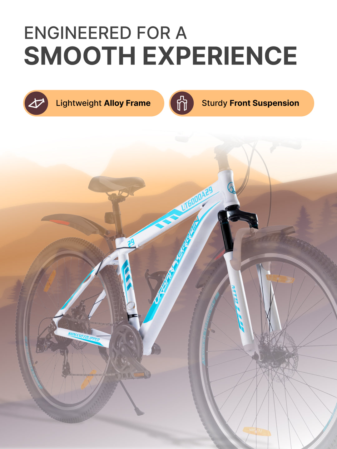 UT6000A29 Mountain Bike Alloy 21 Speed Cycle Shimano Gear 29 inch Tyre, White With Front Suspension, Double Wall Rim And Dual Disc Brake, Ideal For 5.6 ft & above