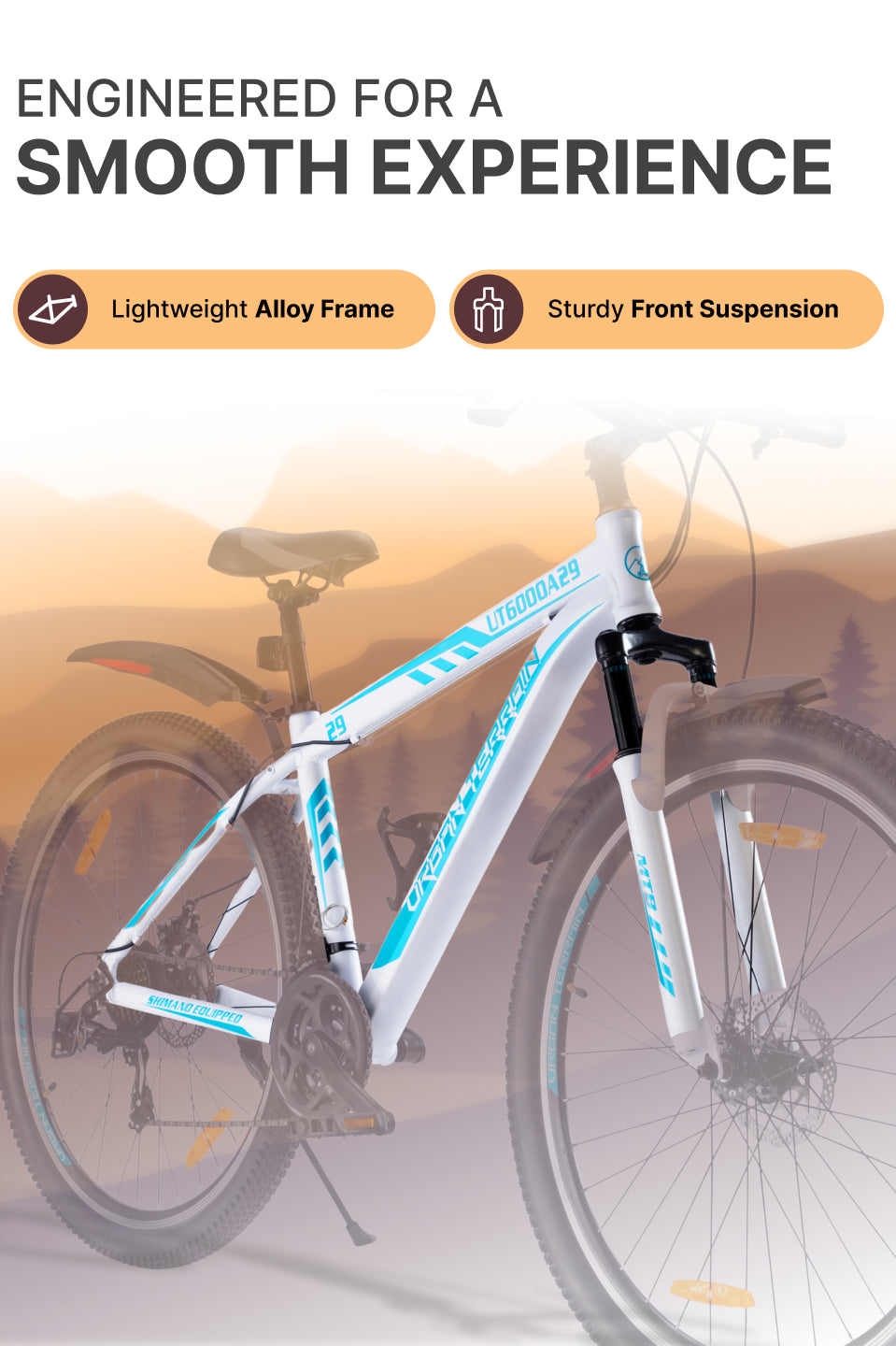 UT6000A29 Mountain Bike Alloy 21 Speed Cycle Shimano Gear 29 inch Tyre, White With Front Suspension, Double Wall Rim And Dual Disc Brake, Ideal For 5.6 ft & above