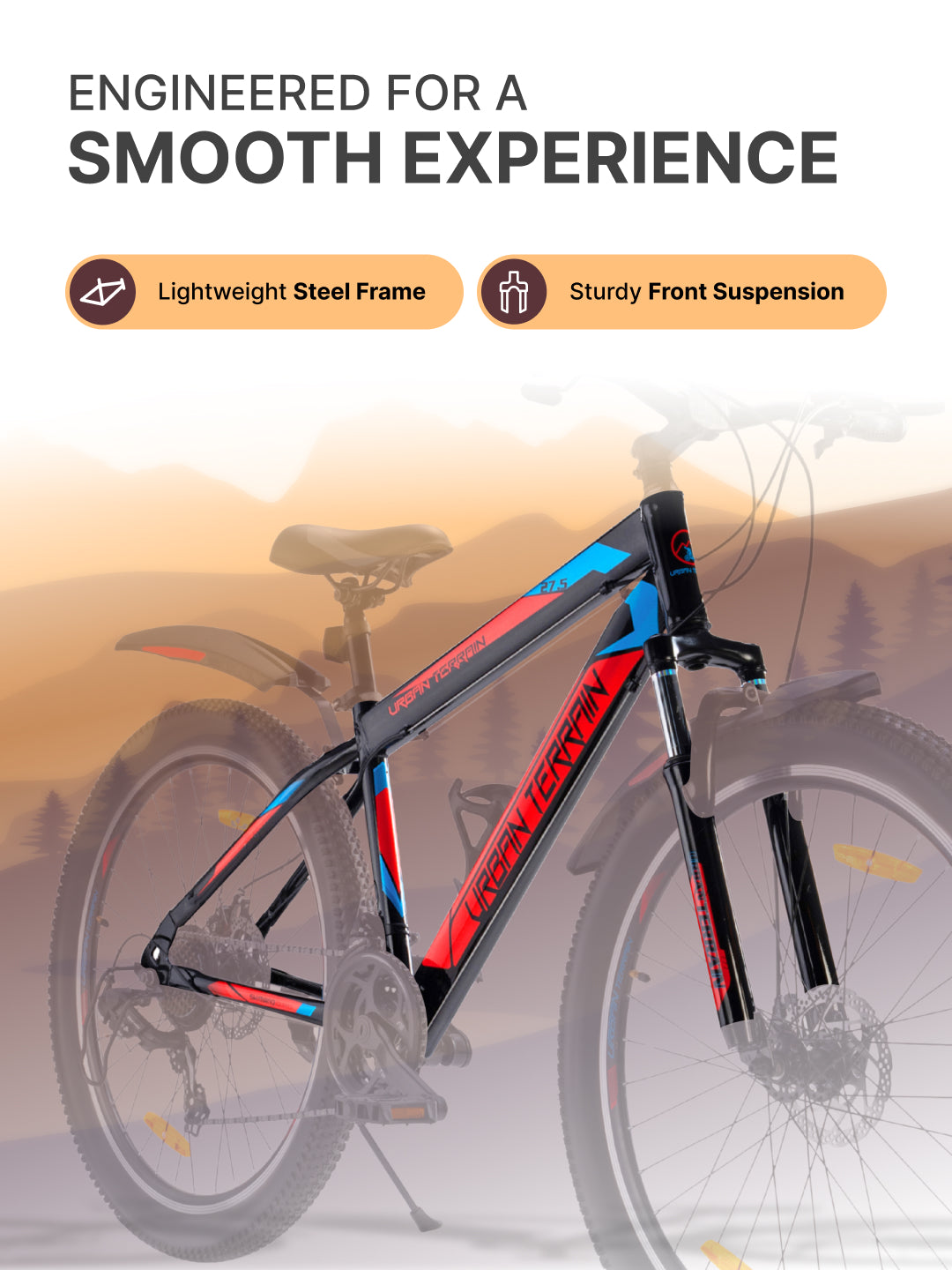 UT2000 Mountain Bike Steel 21 Speed Cycle Shimano Gear 27.5 inch Tyre, Red With Front Suspension, Double Wall Rim and Dual Disc Brakes Ideal For 5.2 ft to 6 ft