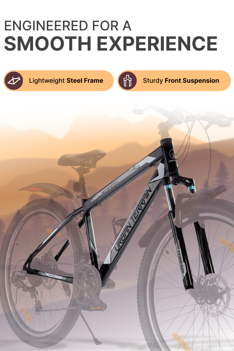 UT1000 Mountain Bike Steel 21 Speed Cycle Shimano Gear 27.5 inch Tyre, Black With Front Suspension, Double Wall Rim and Dual Disc Brakes Ideal For 5.2 ft to 6 ft