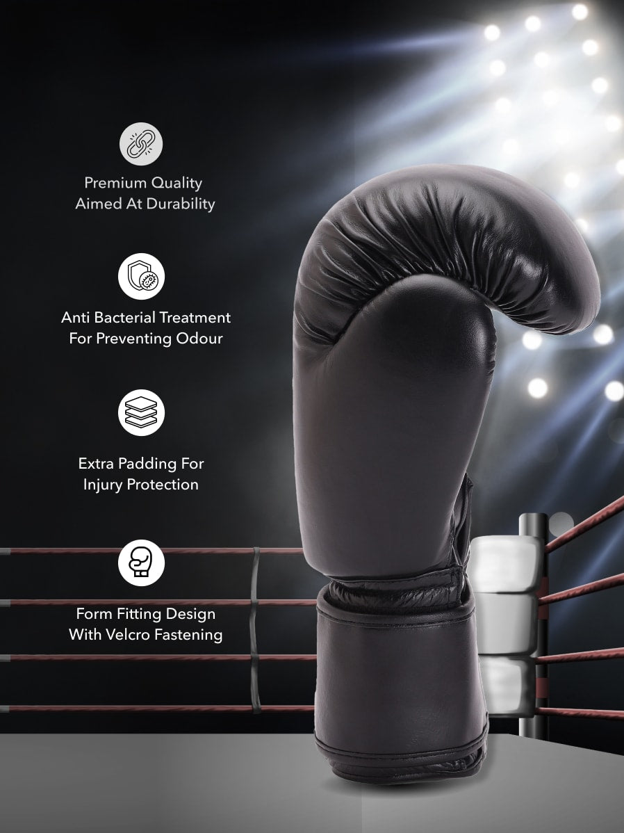 cult Premium Leather Boxing Gloves for Men & Women Foam Padding Thickness 35 mm Punching Bag Gloves for Boxing, Training, Kickboxing, Muay Thai, MMA Boxing Gloves Black