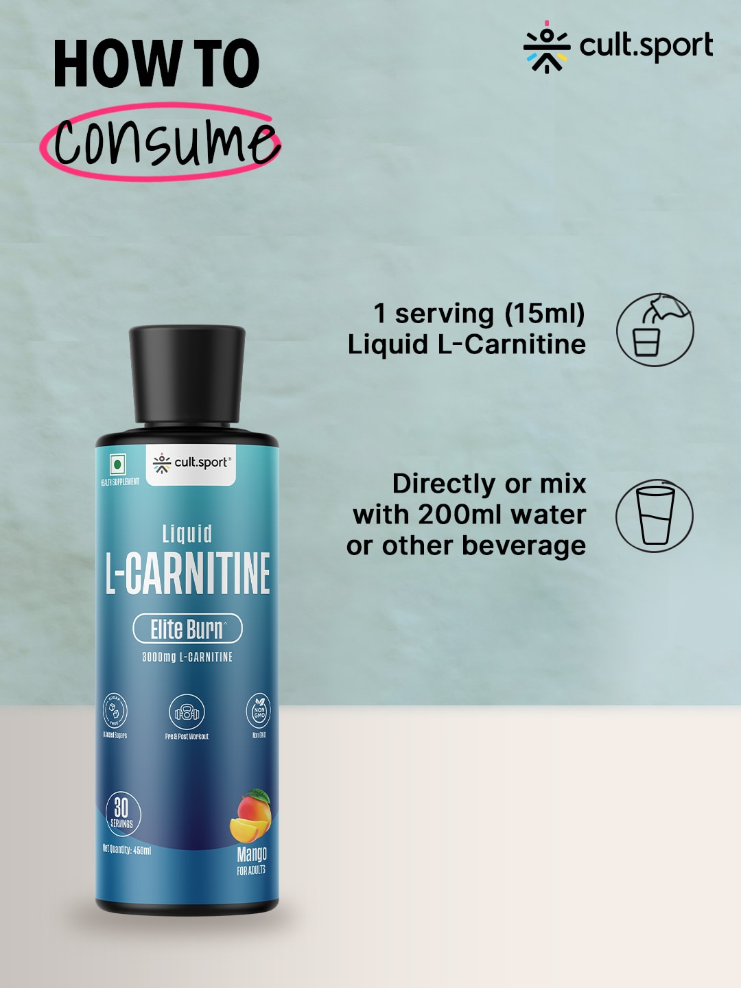 Liquid L Carnitine (450 ml) 3000mg with Vitamin B5 | Improves Energy, Fat Burner | Metabolism & Weight Management Supplement | Sugar-Free | Mango Flavour (15 ml serving)