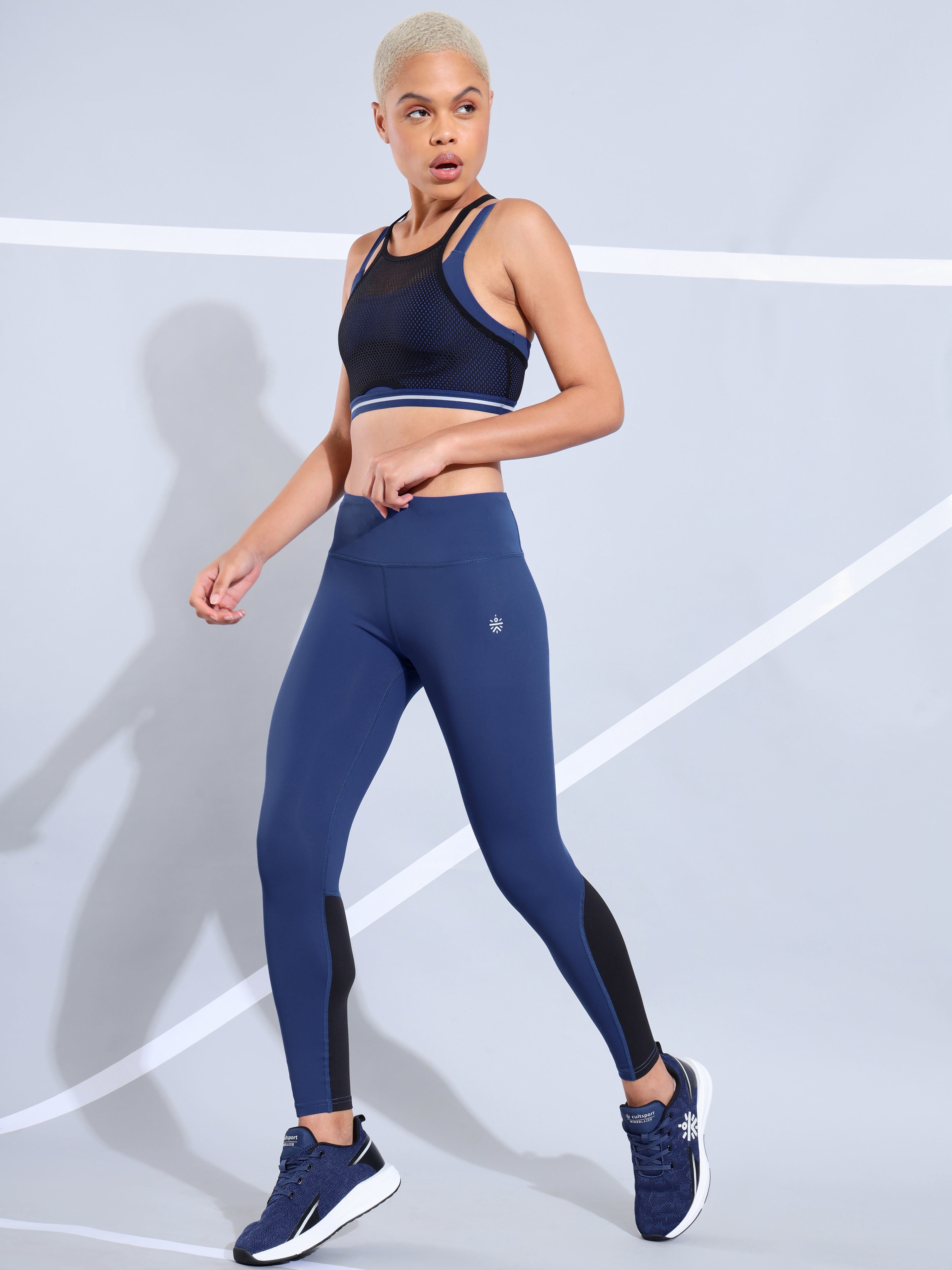 Navy Absolute Fit Tights with Black Color Block Panels and Back Pocket