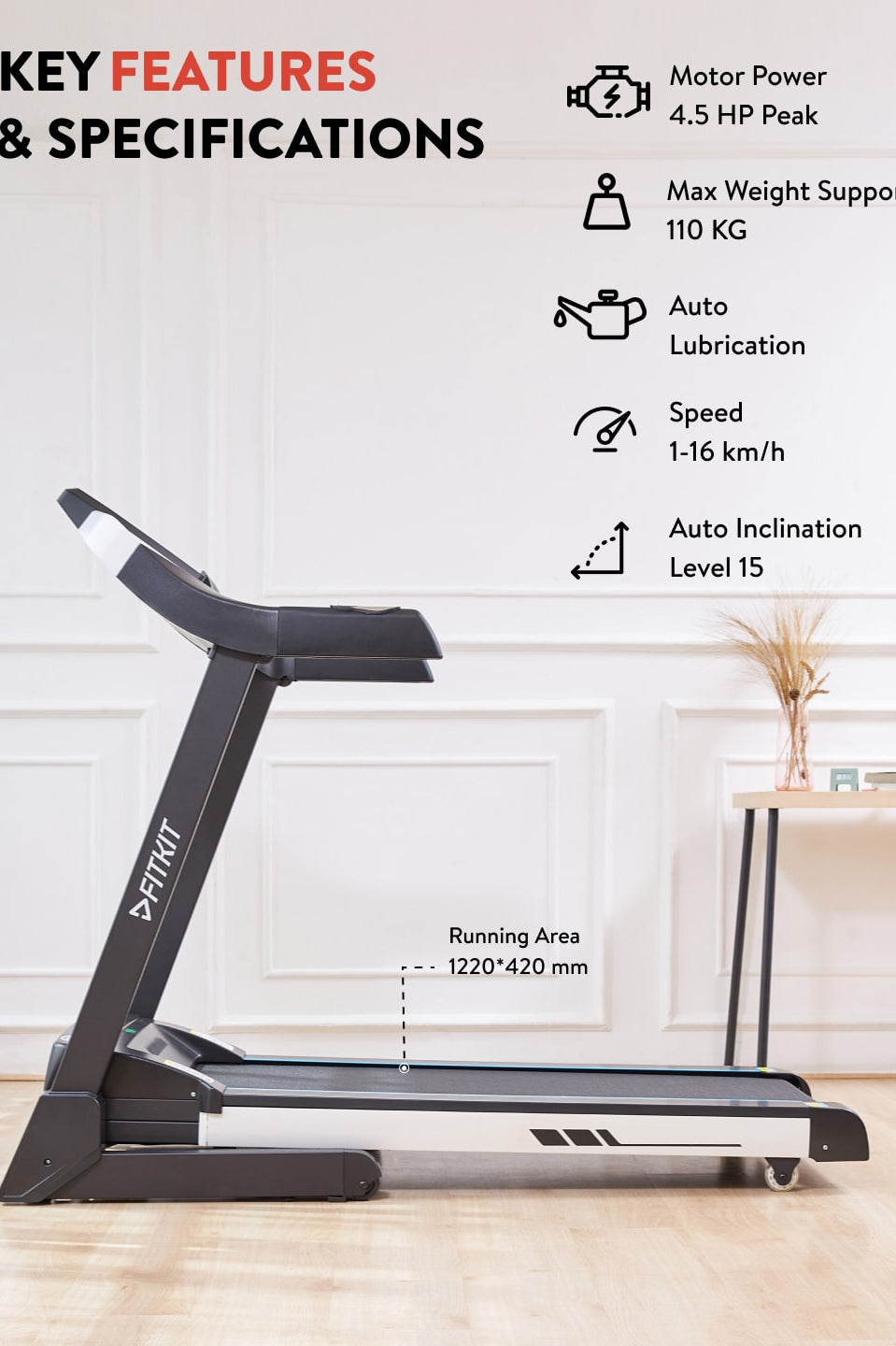 FT200S 4.5 HP Peak Treadmill | 15-level Auto-Incline | Max Weight-110kg | Max Speed-16kmph (with 6 Months extended warranty)