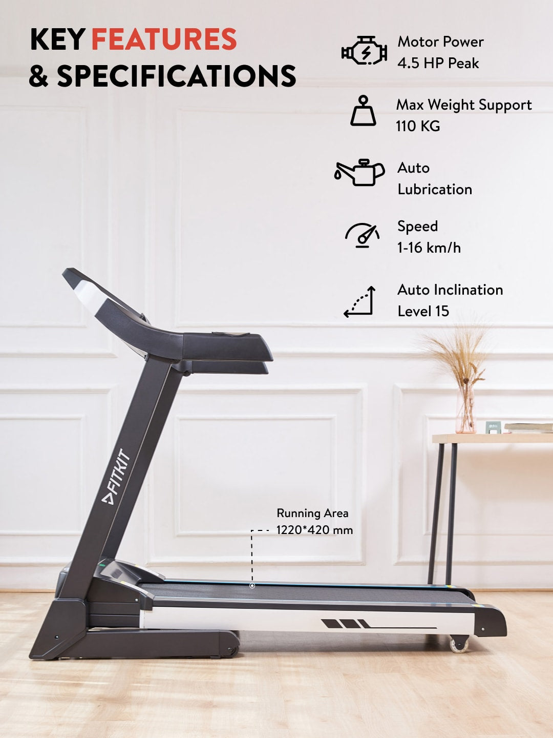 FT200S 4.5 HP Peak Treadmill | 15-level Auto-Incline | Max Weight-110kg | Max Speed-16kmph (with 6 Months extended warranty)