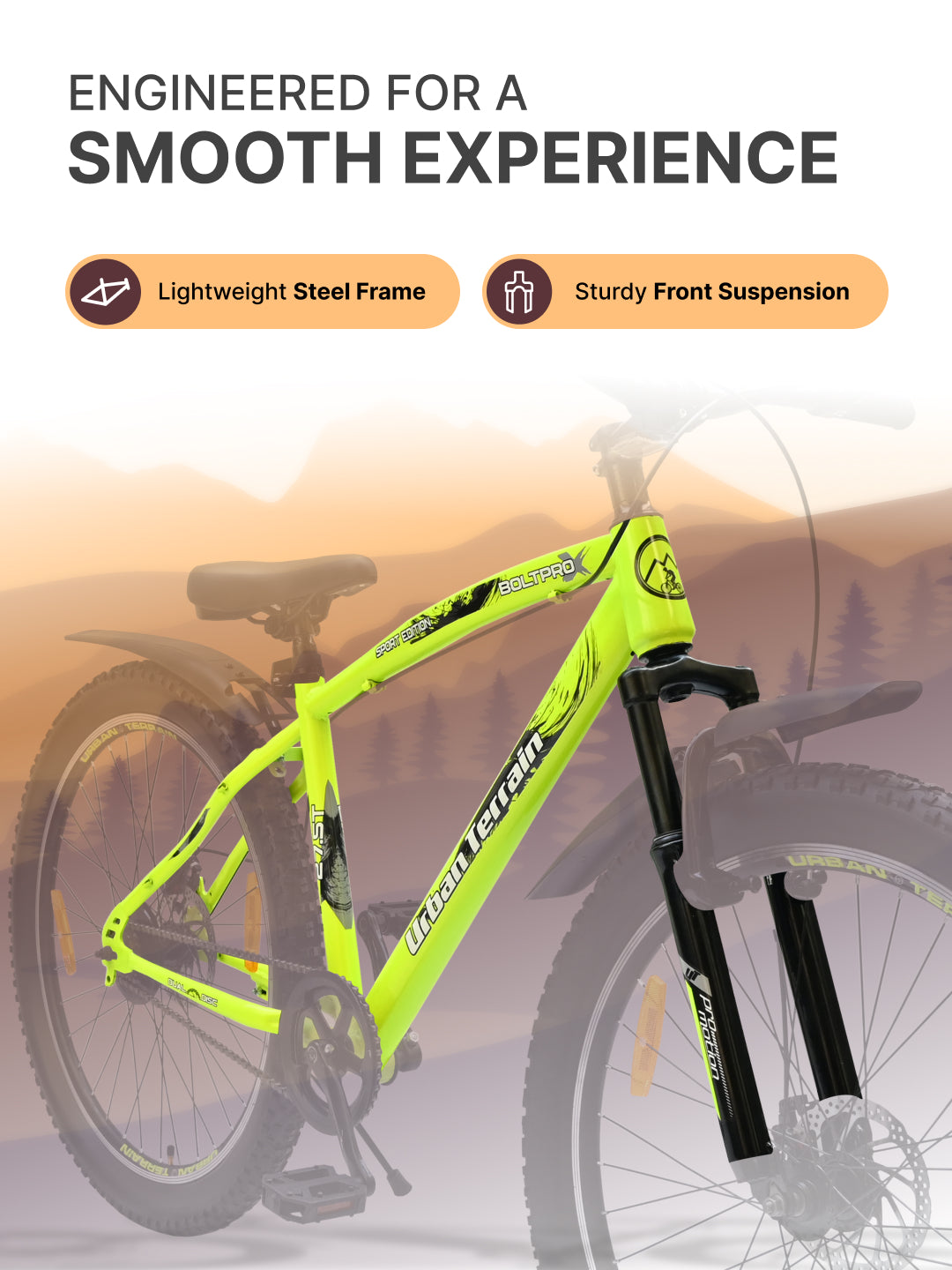 Bolt Pro Mountain Bike Steel Single Speed Cycle 27.5 inch Tyre with Dual Disc Brakes, Front Suspension, Double Wall Alloy Rim, Green