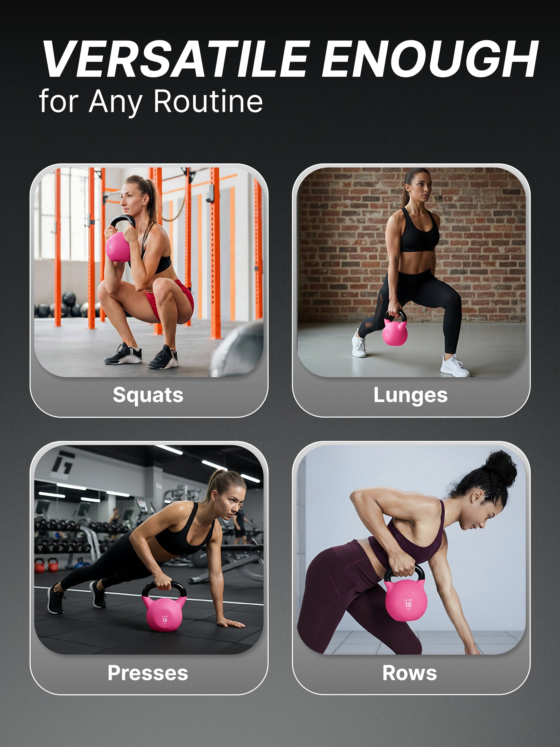 Cult 10kg Neoprene Anti-Slip Grip Colored Kettlebell for Home Workout - Pink