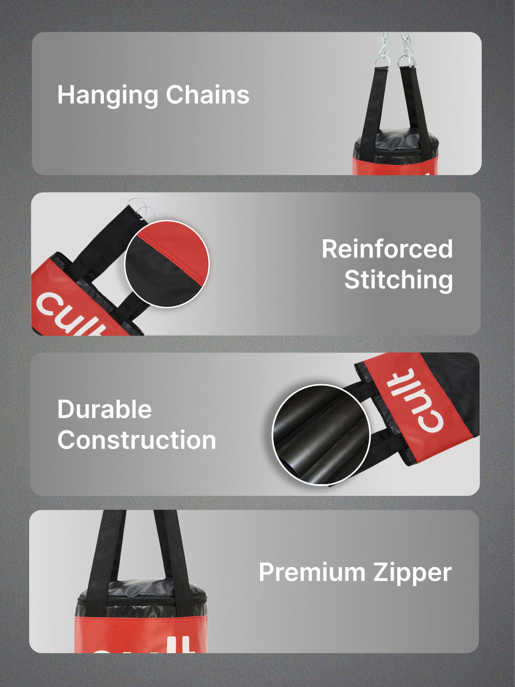 cult Punching Bag Black & Red 3ft Heavy Duty Punching Bag for Boxing, Kickboxing, MMA Training Reinforced Stitching Durable PU Leather Hanging Chain Included Unfilled Easy to Install For Home & Gym Use