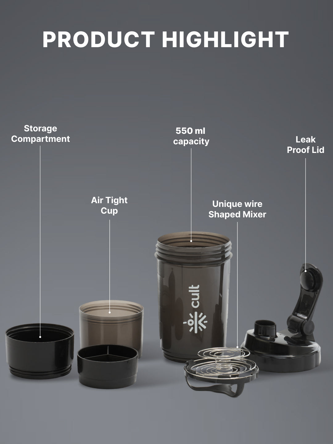 cult Gym Spider Shaker Bottle 550ml Shaker for Protein Shake 2 Storage Compartment Gym Protein Shaker For Workout Shaker Bottle For Men & Women Black