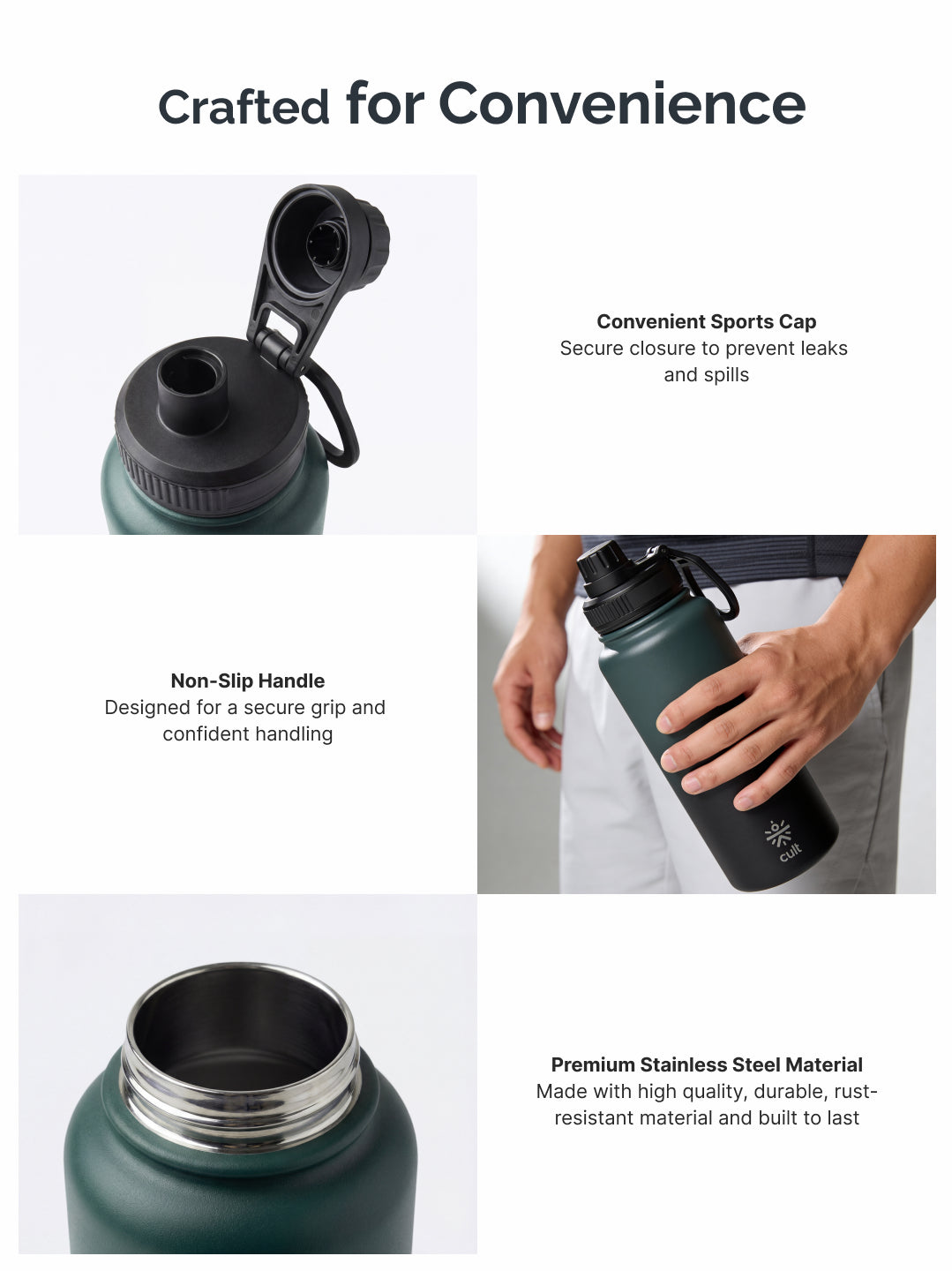 Cult 1L Insulated 24Hr Hot and Cold Water Bottle Leakproof Sports Cap Stainless Steel Green
