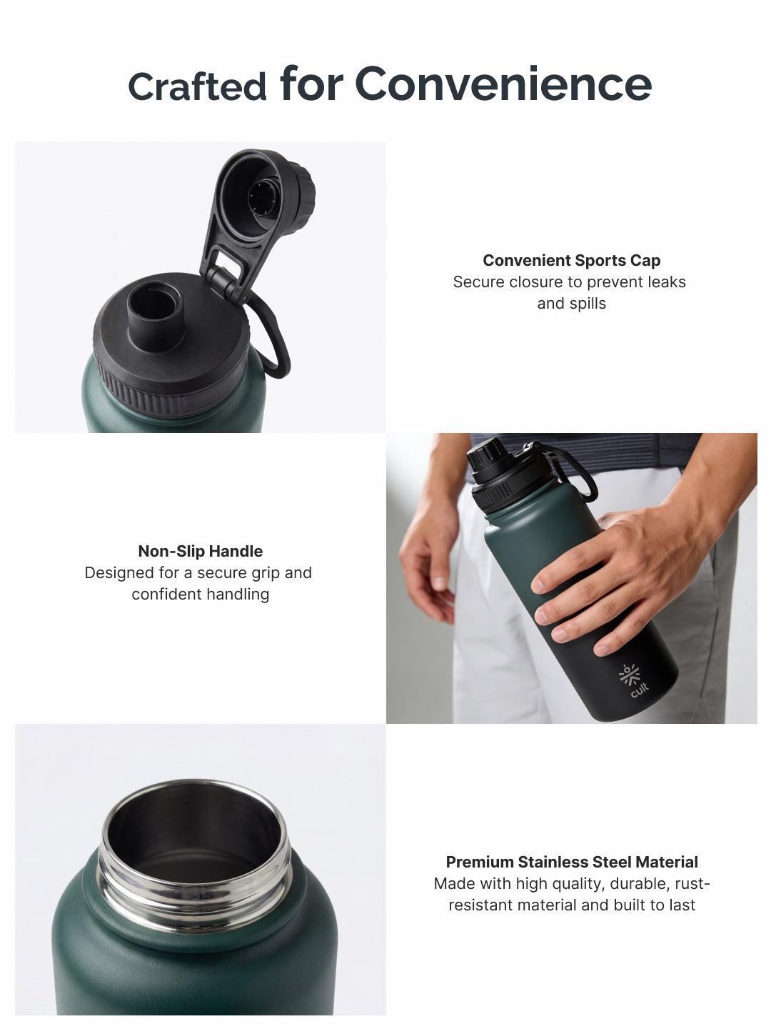 Cult 1L Bottle Steel with Sports Cap Dual Green