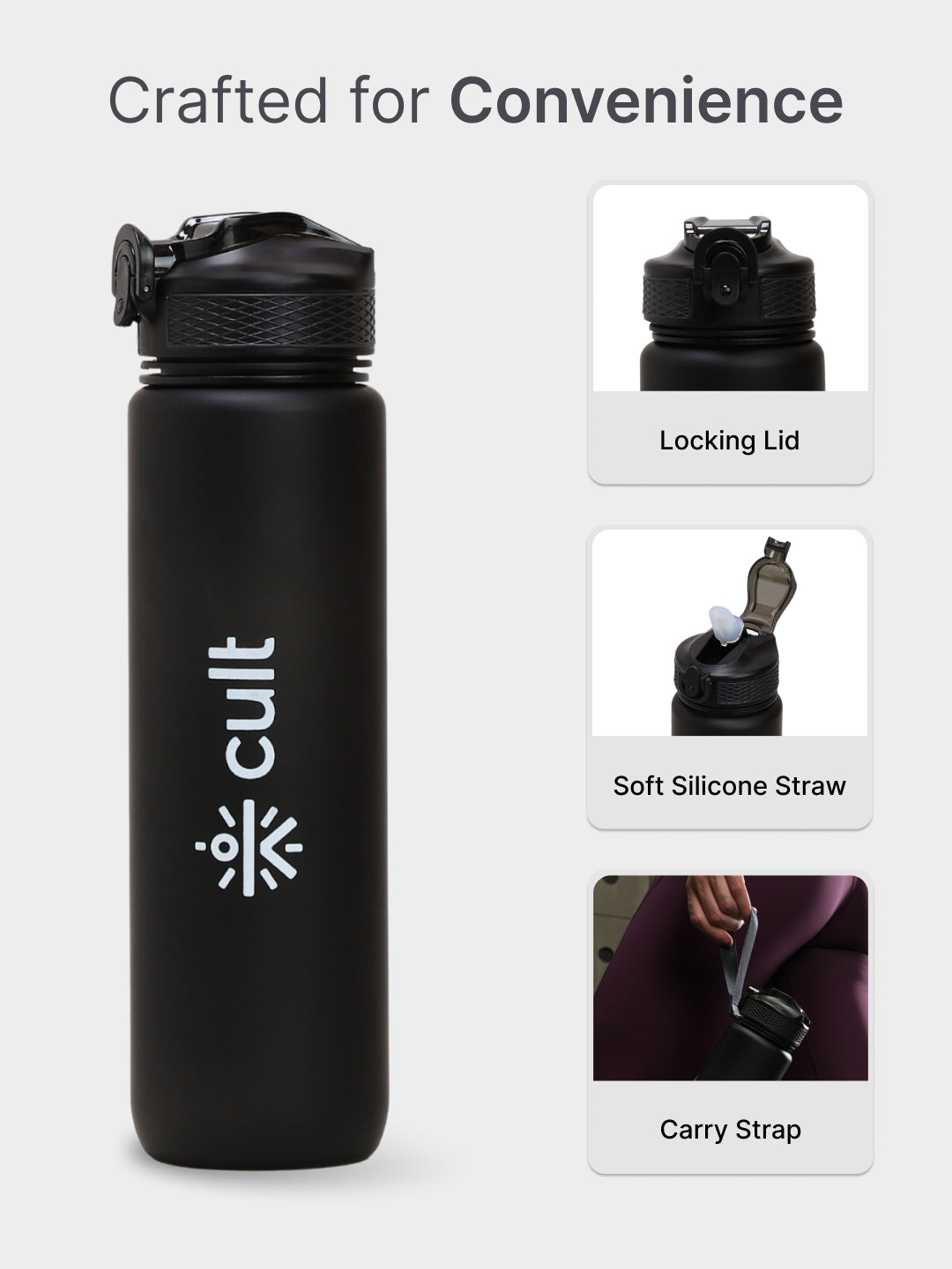 cult Motivational Bottle 1L Unisex Time Mark Sipper with Straw Black