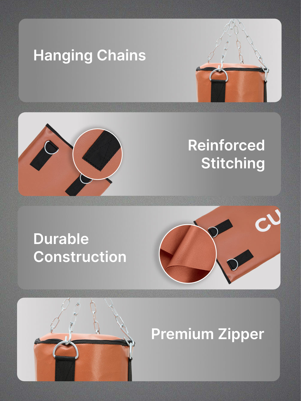 cult Punching Bag Tan 4ft Heavy Duty Punching Bag for Boxing, Kickboxing, MMA Training Reinforced Stitching Durable PU Leather Hanging Chain Included Unfilled Easy to Install For Home & Gym Use