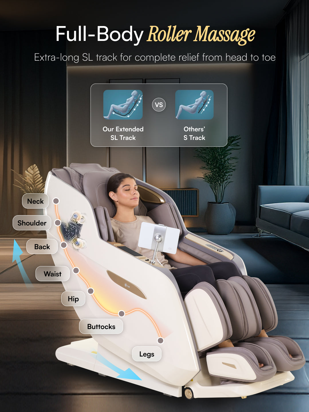 Cult Nirvana Advanced 4D Massage Chair with Leg Massager | Extended SL Track | 22 Auto Programs | Waist Heating | Zero-Gravity | AI Voice Control (Beige & White) - (6 Months extended Warranty)