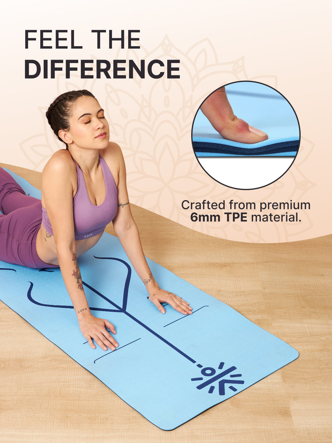 Cult TPE Yoga Mat 6mm Non-Toxic, Latex-Free, Eco-Friendly, Tear-Resistant, Non-Slip Exercise Mat with Extra Cushioning , Carry Strap and Bag Ideal for Yoga, Pilates, Meditation & Fitness - Blue with Alignment Marking