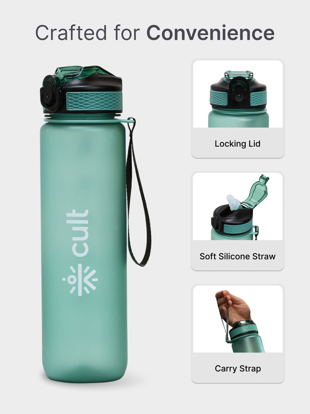 cult Motivational Bottle 1L Unisex Time Mark Sipper with Straw Mint Green