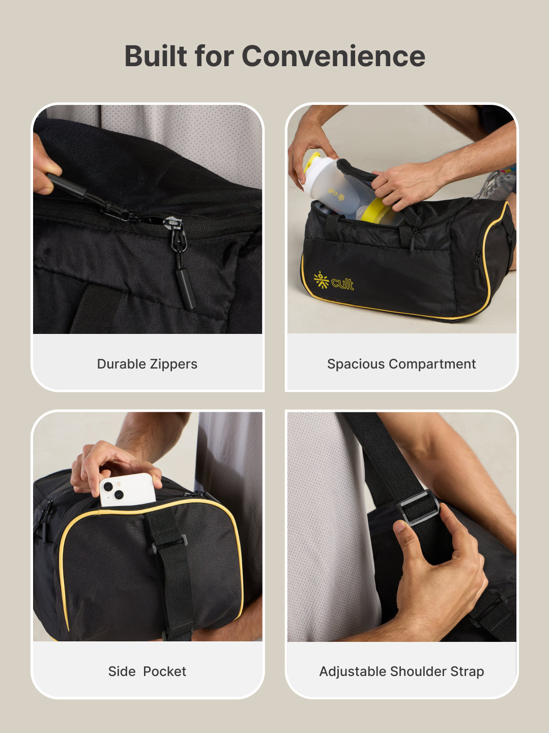 cult 25 Litre Gym Duffle Bag Black Yellow Unisex with Multipockets