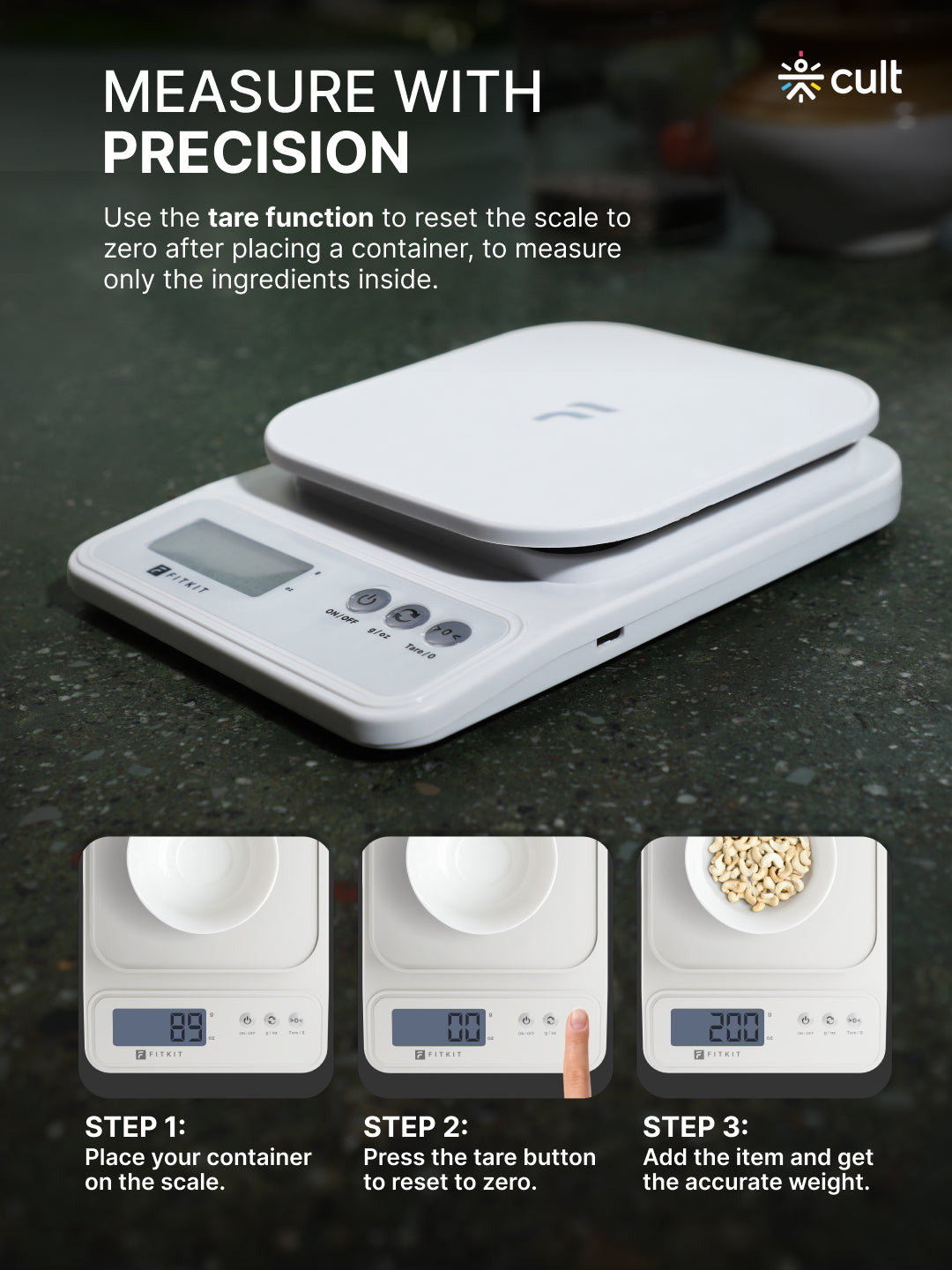 Fitkit by Cult Digital Kitchen Food Scale,10kg Limit, LCD Display, Tare & Unit Conversion, Ideal for Kitchen & Diet Tracking