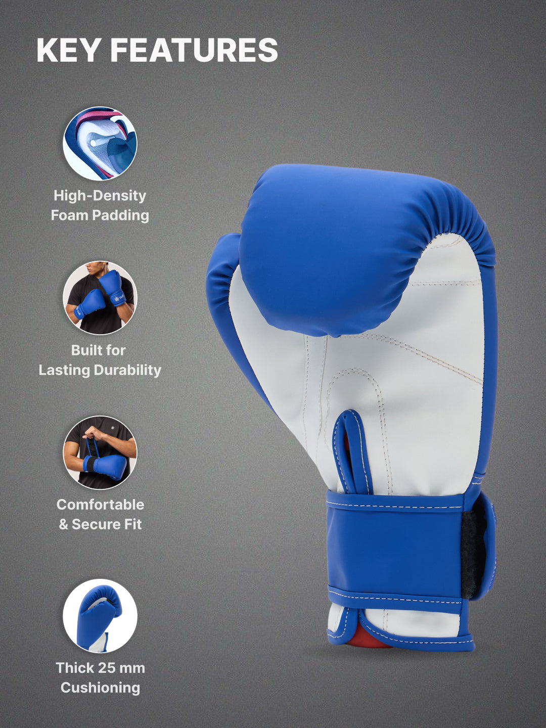 cult Neo PU Boxing Gloves for Men & Women Foam Padding Thickness 25mm Punching Bag Gloves for Boxing, Training, Kickboxing, Muay Thai, MMA Blue & White