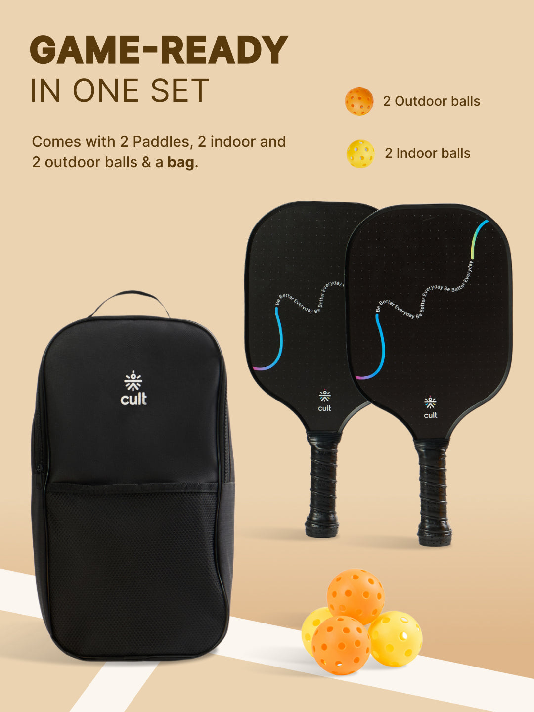 Pickle Ball Unisex Tough Fibreglass Material – Lightweight & Durable Cushion Comfort Handle Grip Includes 2 Paddles (Black), 2 Indoor Balls (Yellow), 2 Outdoor Balls (Orange) & Bag