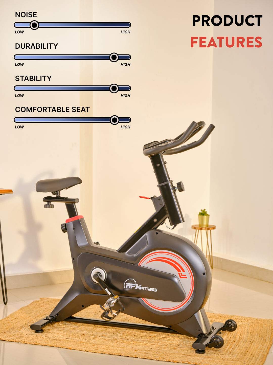 RPM600 NoiseFree Spinbike | 6kg Flywheel | Max Weight 110kg | 8 Level Magnetic Resistance | Black & White (with 6 months extended warranty)