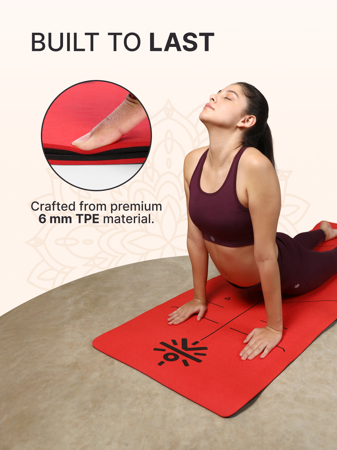 CULT Premium TPE Yoga Mat with Alignment Marks 6mm Thick Non-Slip Exercise & Pilates Mat for Men & Women, Eco-Friendly, Sweat-Resistant with Carry Strap - Red