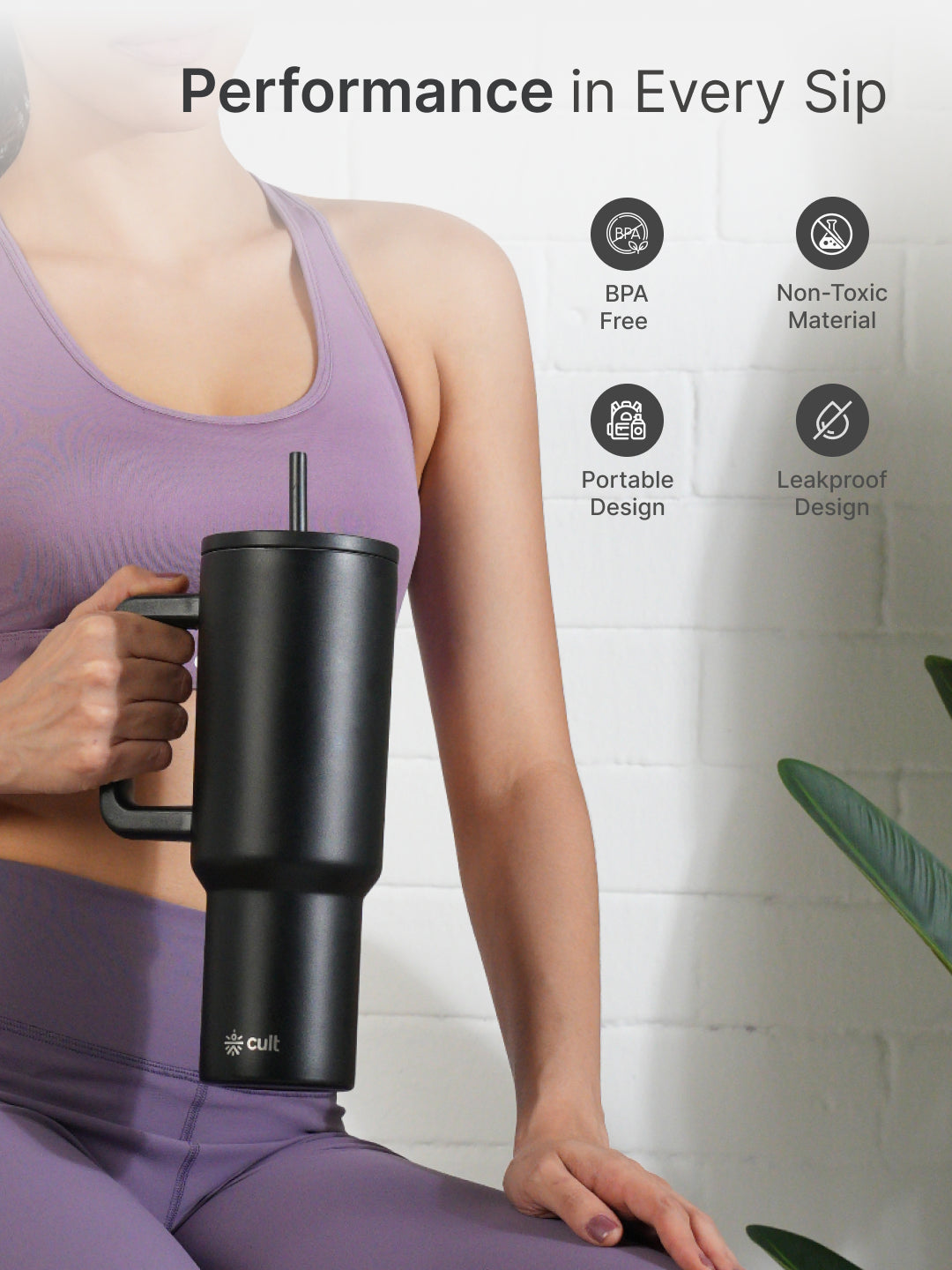 cult Steel Tumbler Double Vaccum Insulated for Hot and Cold 1200 ml Unisex Black with Straw