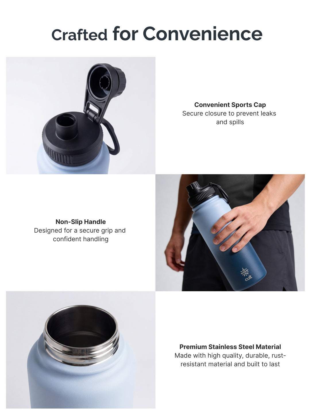 Cult 1L Insulated 24Hr Hot and Cold Water Bottle Leakproof Sports Cap Stainless Steel Blue