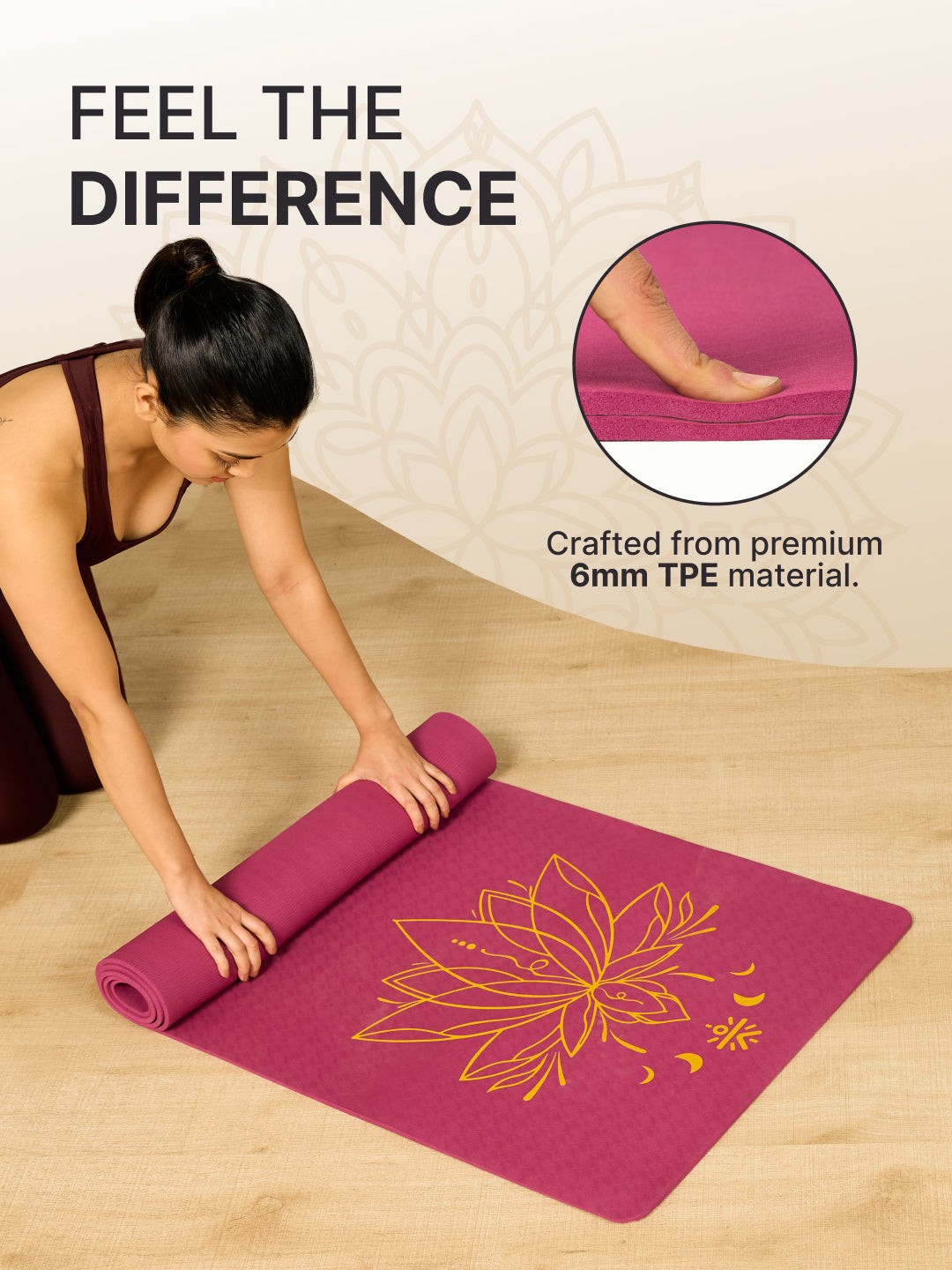 CULT TPE Yoga Mat 6mm with Carry Bag & Strap Eco-Friendly, Non-Slip, Lightweight & Durable Exercise Mat for Yoga, Pilates, Meditation & Home Workouts Purple Lotus Print