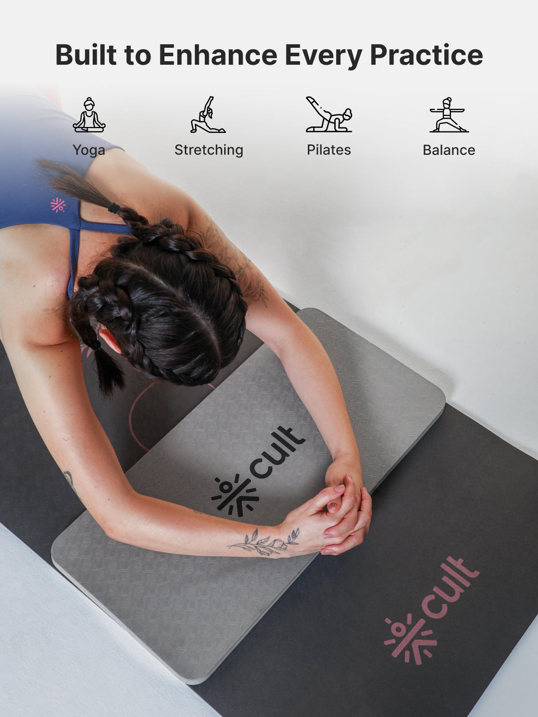 cult Mindful Movement Yoga Kit - Yoga Wheel Grey,Yoga Block Grey Pair of 2 & Yoga Knee Pad Grey