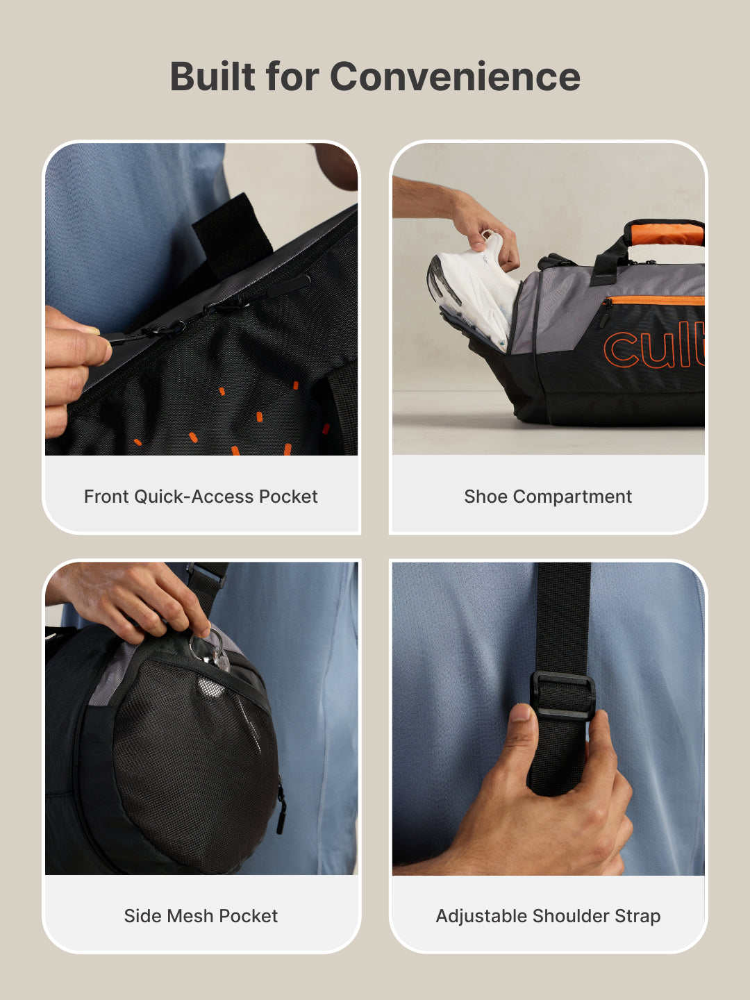 Cult Unisex Grey Duffle Bag with Shoe Compartment