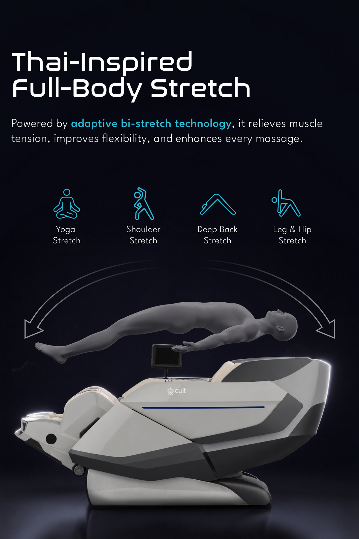 Cult Tranquil Massage Chair | Adaptive AI Body Detection | Zero Gravity Recline & Thai Stretch | Movable Armrest with Rovo Walking Technology | HD Touch Display | 3D + 4D Full Body Massage Chair